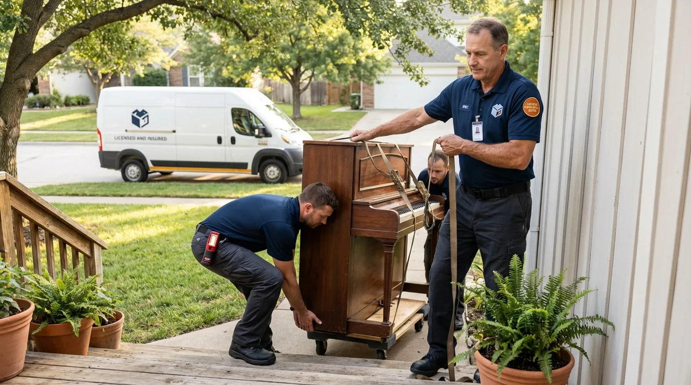 Licensed piano movers securing grand piano in Wilberforce, OH